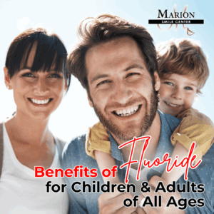 Family of 3 on flyer discussing benefits of fluoride for adults and children. 