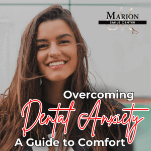 Graphic of woman smiling and she's overcoming dental anxiety.