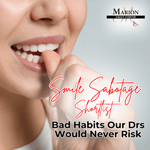 Image of woman with bad dental habits, biting thumbnail.